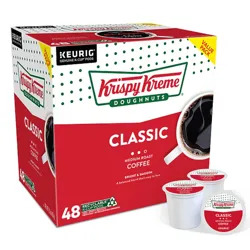 Krispy Kreme Classic Medium Roast Coffee K-Cup Pods for Keurig machines, 48-count, described as bright and smooth with recyclable pods.