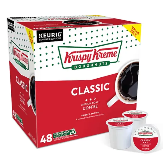 Krispy Kreme Classic Medium Roast Coffee K-Cup Pods for Keurig machines, 48-count, described as bright and smooth with recyclable pods.