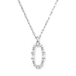 A silver necklace featuring an oval pendant encrusted with small, sparkling stones and two baguette gemstones on the sides.