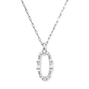 A silver necklace featuring an oval pendant encrusted with small, sparkling stones and two baguette gemstones on the sides.