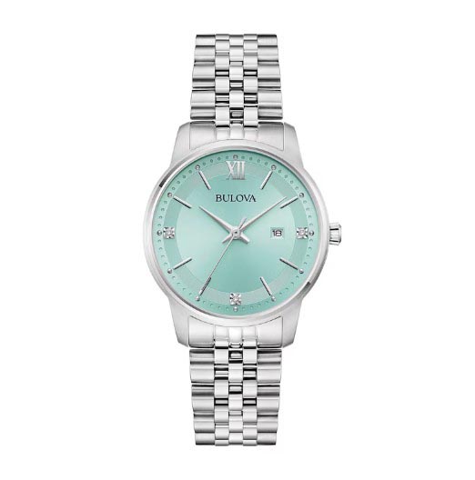 Silver Bulova watch with a mint green dial, featuring silver hour markers, a date function, and a stainless steel bracelet.