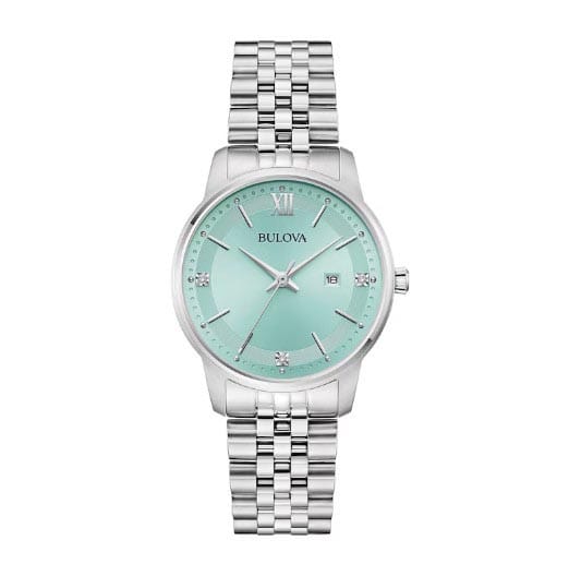 Silver Bulova watch with a mint green dial, featuring silver hour markers, a date function, and a stainless steel bracelet.