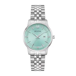 Silver Bulova watch with a mint green dial, featuring silver hour markers, a date function, and a stainless steel bracelet.