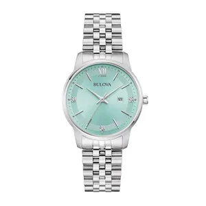 Silver Bulova watch with a mint green dial, featuring silver hour markers, a date function, and a stainless steel bracelet.
