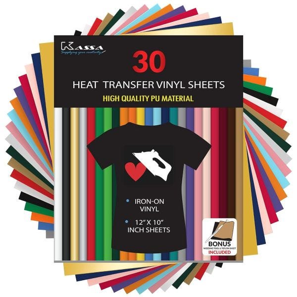 30 high-quality PU heat transfer vinyl sheets, each 12\“ x 10\“ in various colors, suitable for iron-on applications. Bonus weeding tool sheet included.