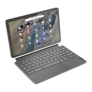 A Lenovo 2-in-1 Chromebook with a detachable keyboard, featuring a touchscreen display in a tablet mode configuration. The device has a Chrome OS interface visible.