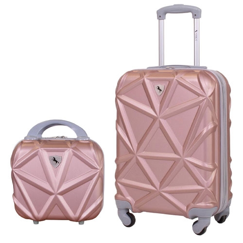 A rose gold geometric-patterned suitcase with a matching small vanity case, featuring a telescopic handle and swivel wheels.