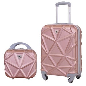 A rose gold geometric-patterned suitcase with a matching small vanity case, featuring a telescopic handle and swivel wheels.