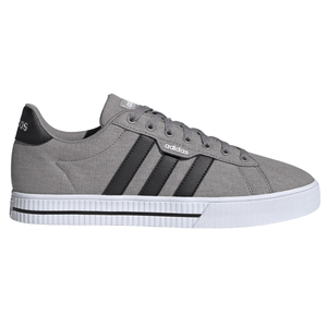 Gray Adidas sneaker with black stripes, featuring a textured upper and a white rubber sole.