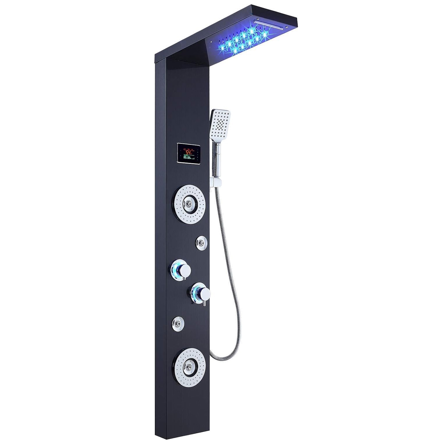 A modern shower tower system features a sleek black design with a rain shower head, multiple body jets, a handheld shower, an LED temperature display, and blue LED lights.