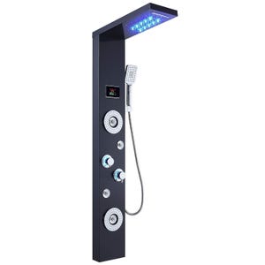 A modern shower tower system features a sleek black design with a rain shower head, multiple body jets, a handheld shower, an LED temperature display, and blue LED lights.