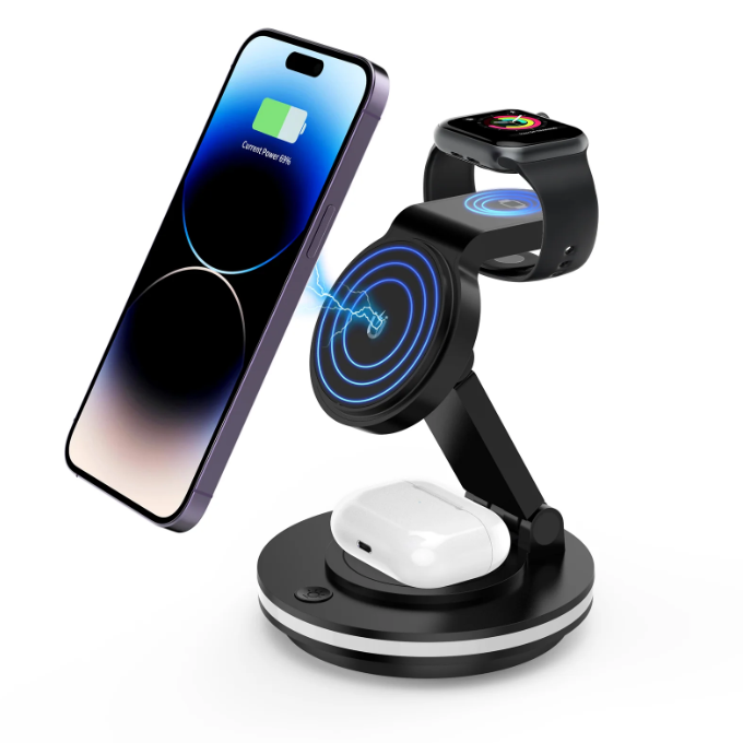 A 3-in-1 wireless charging stand for a smartphone, smartwatch, and earbuds, featuring magnetic attachment for the phone and separate charging areas for each device.