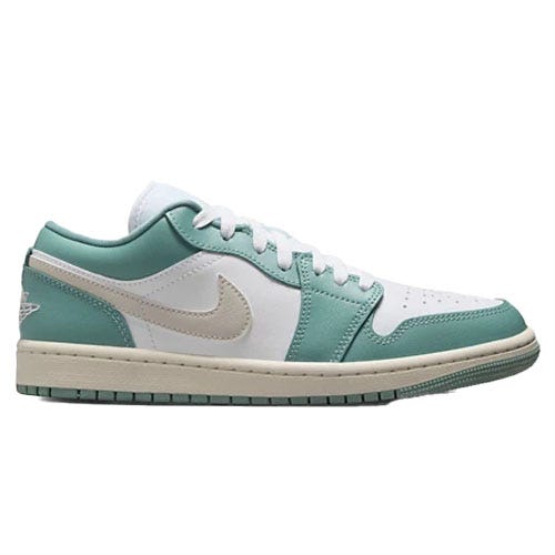 A Nike Air Jordan 1 Low sneaker in white and teal with a beige swoosh and matching laces.