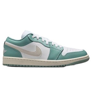 A Nike Air Jordan 1 Low sneaker in white and teal with a beige swoosh and matching laces.