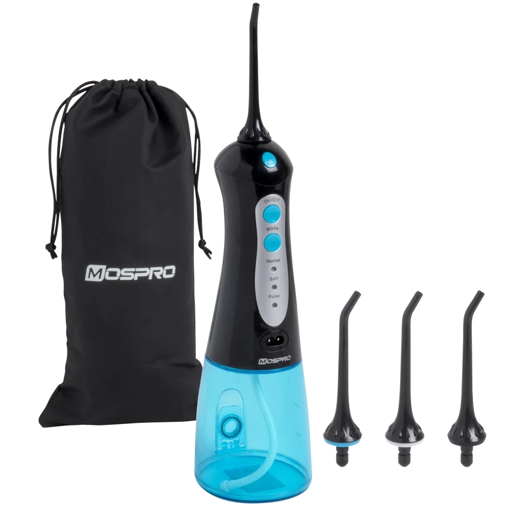 The image shows a Mospro cordless water flosser with a black body and blue water reservoir, three interchangeable nozzles, and a travel pouch. It features modes labeled Normal, Soft, and Pulse for customizable oral hygiene.
