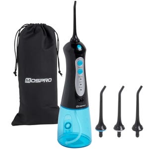 The image shows a Mospro cordless water flosser with a black body and blue water reservoir, three interchangeable nozzles, and a travel pouch. It features modes labeled Normal, Soft, and Pulse for customizable oral hygiene.