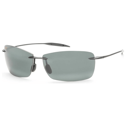 Rimless sunglasses with rectangular dark polarized lenses and thin metal arms.