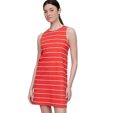 Red sleeveless t-shirt dress featuring white horizontal stripes, a round neckline, and a relaxed fit cut above the knee.