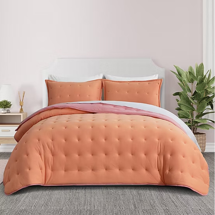 A peach-colored comforter set with matching pillow shams on a bed, accompanied by a plant and nightstand with decor items in a softly colored room.
