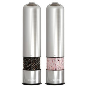 Salt and pepper grinders with a stainless steel finish, displaying contents through a clear section; one filled with black peppercorns, the other with pink salt crystals.