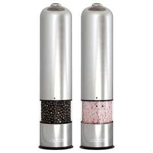 Salt and pepper grinders with a stainless steel finish, displaying contents through a clear section; one filled with black peppercorns, the other with pink salt crystals.