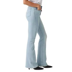 Light blue flared jeans paired with black pointed-toe shoes, worn by a person in a white top.