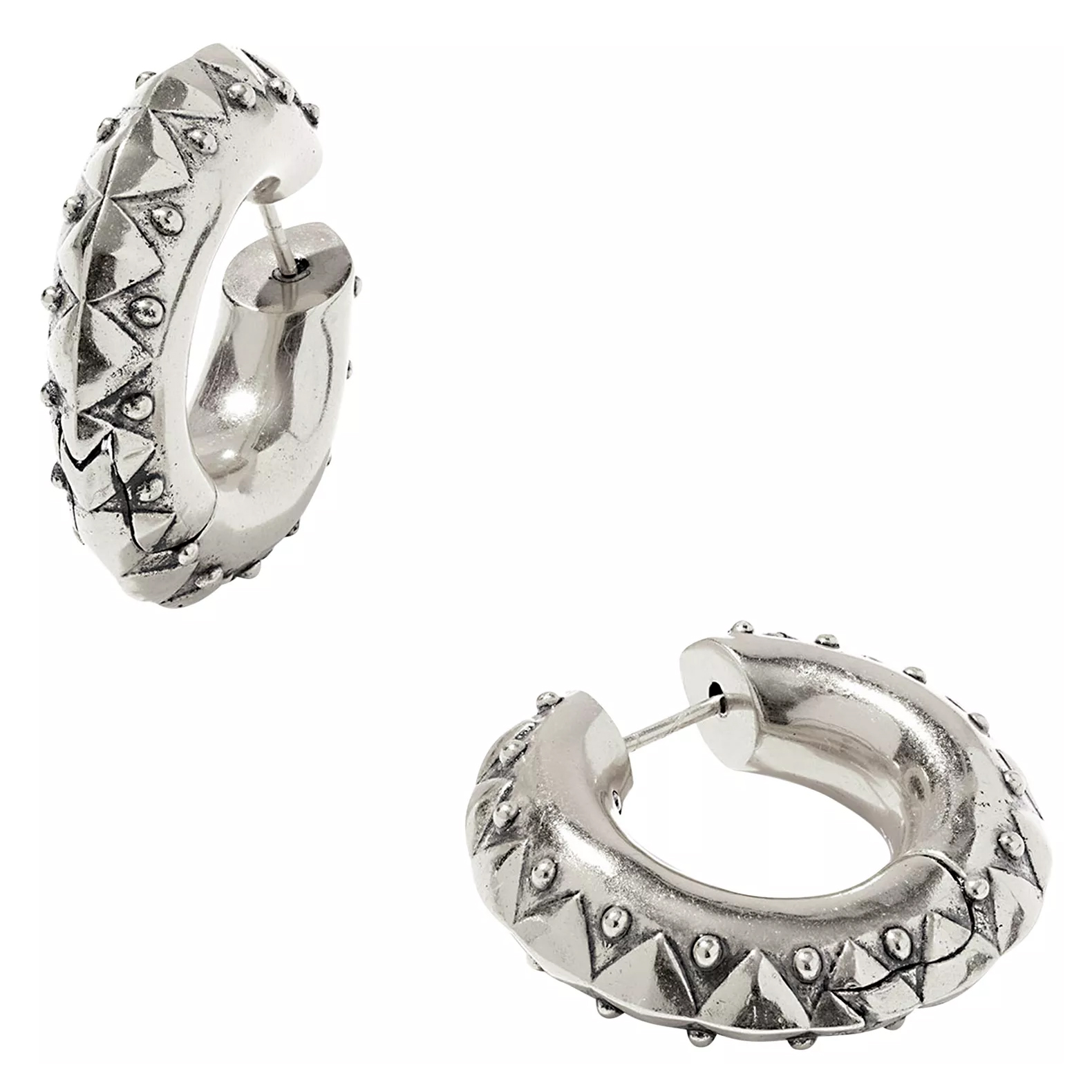 Silver-colored hoop earrings with a textured design of pyramid-shaped studs and small round accents.