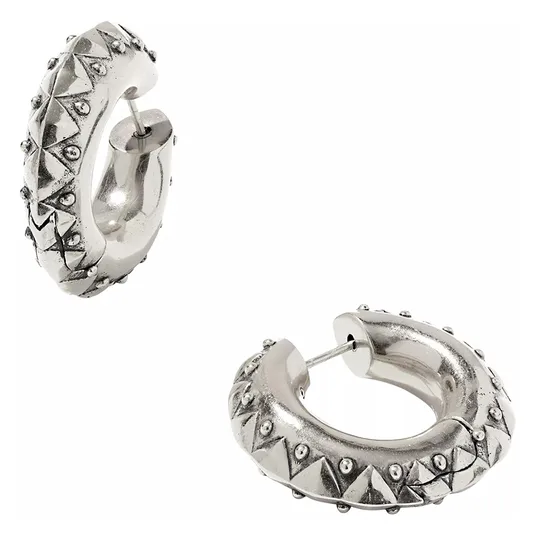 Silver-colored hoop earrings with a textured design of pyramid-shaped studs and small round accents.