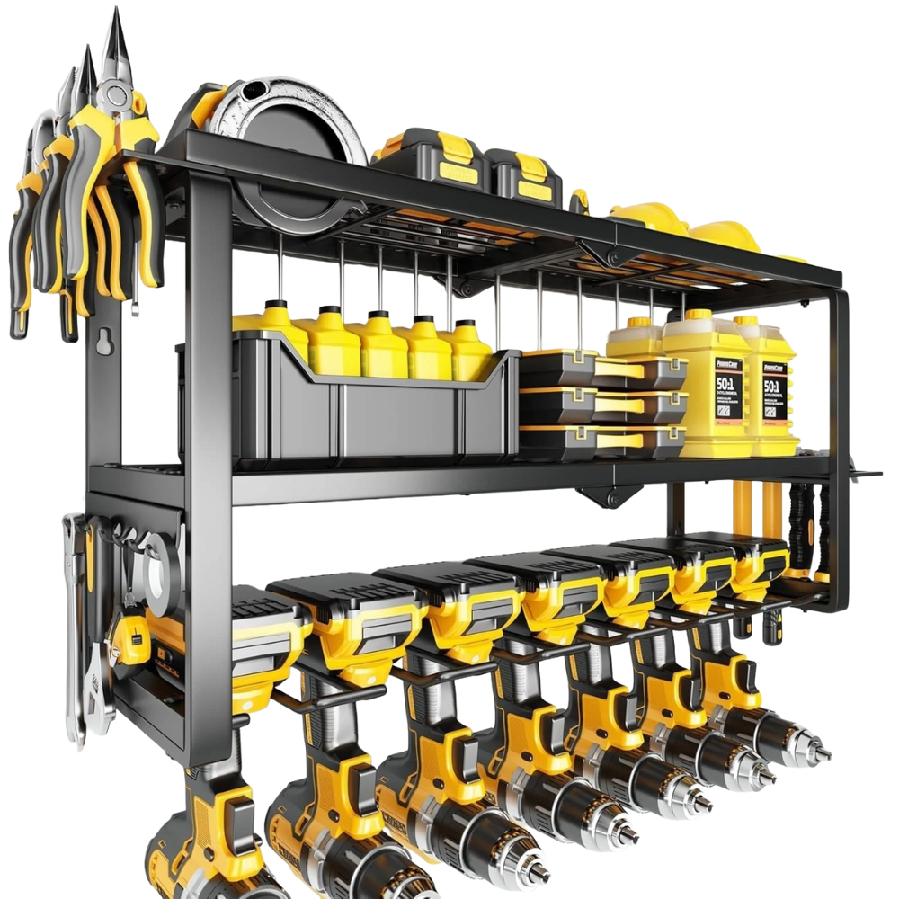 Wall-mounted tool organizer with shelves holding yellow power drills, hand tools, storage containers, and batteries.