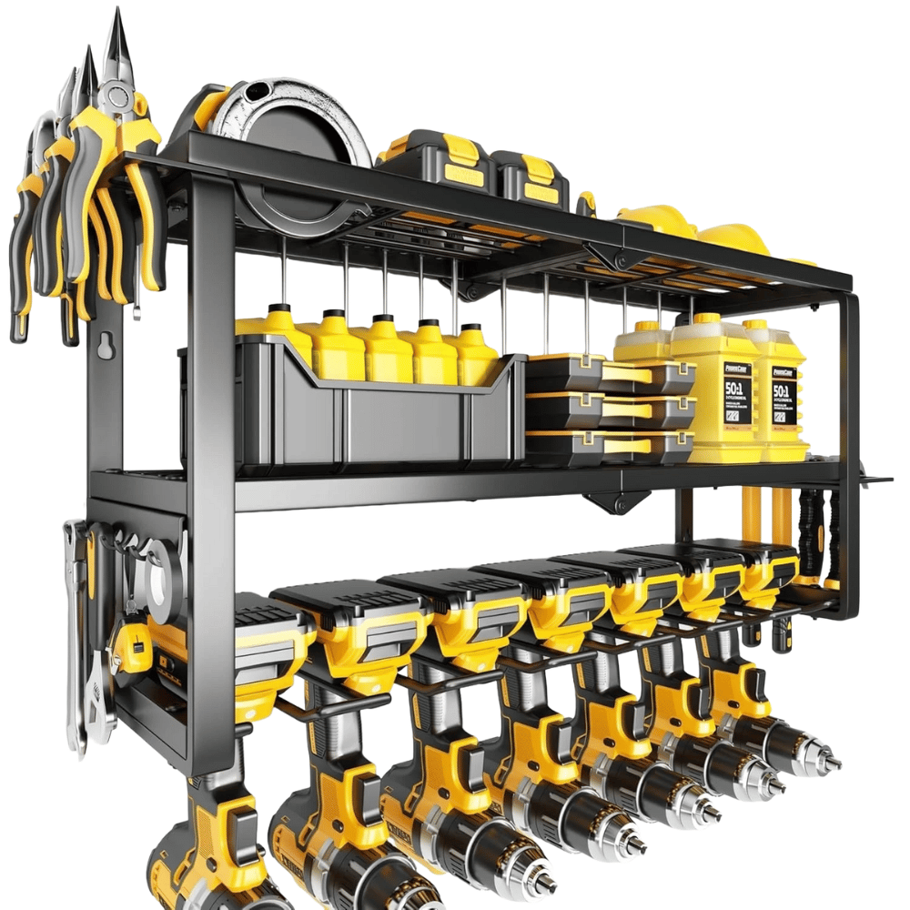 Wall-mounted tool organizer with shelves holding yellow power drills, hand tools, storage containers, and batteries.