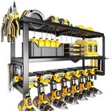Wall-mounted tool organizer with shelves holding yellow power drills, hand tools, storage containers, and batteries.