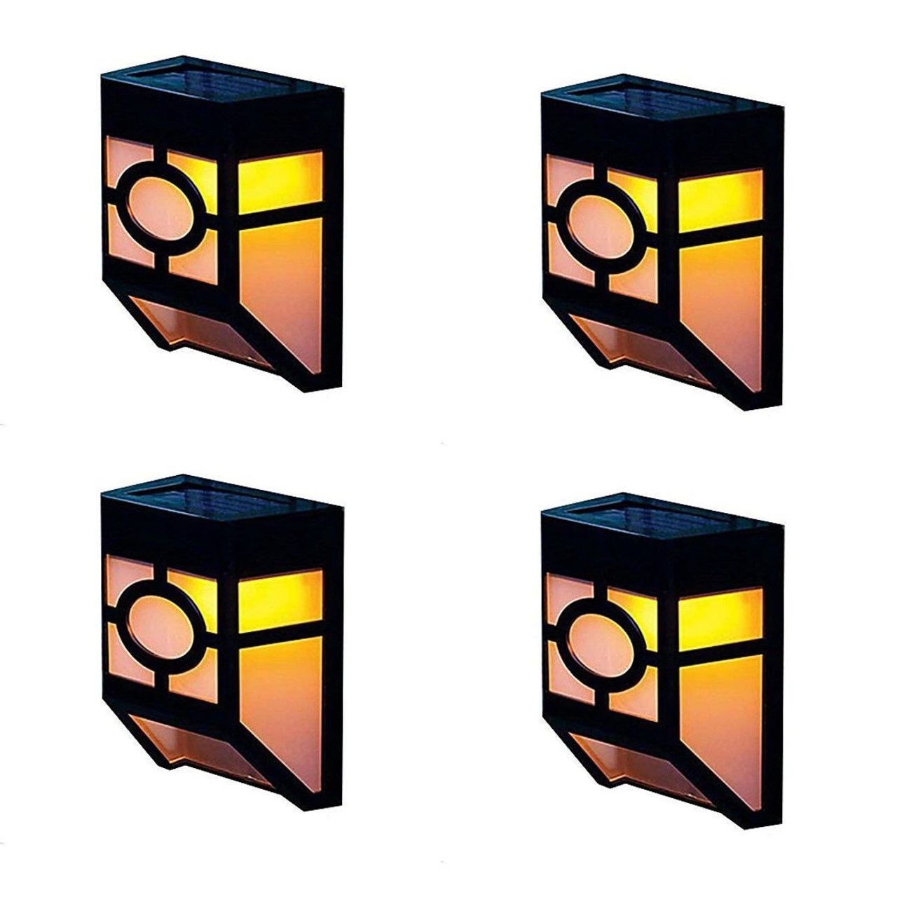 4-pack of LED solar patio fence lights with a geometric black frame and warm, amber glow. Designed for outdoor use, they automatically illuminate at night using solar power.