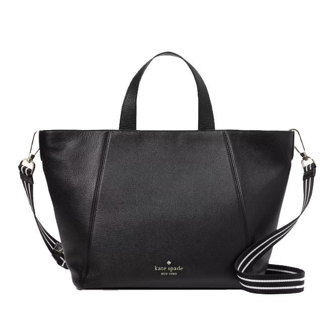 A black Kate Spade tote bag with dual handles and a detachable striped shoulder strap.