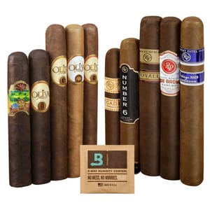10-pack Oliva Cigar Variety Pack featuring assorted cigars from Rocky Patel and Oliva brands, includes a 2-way humidity control pack.