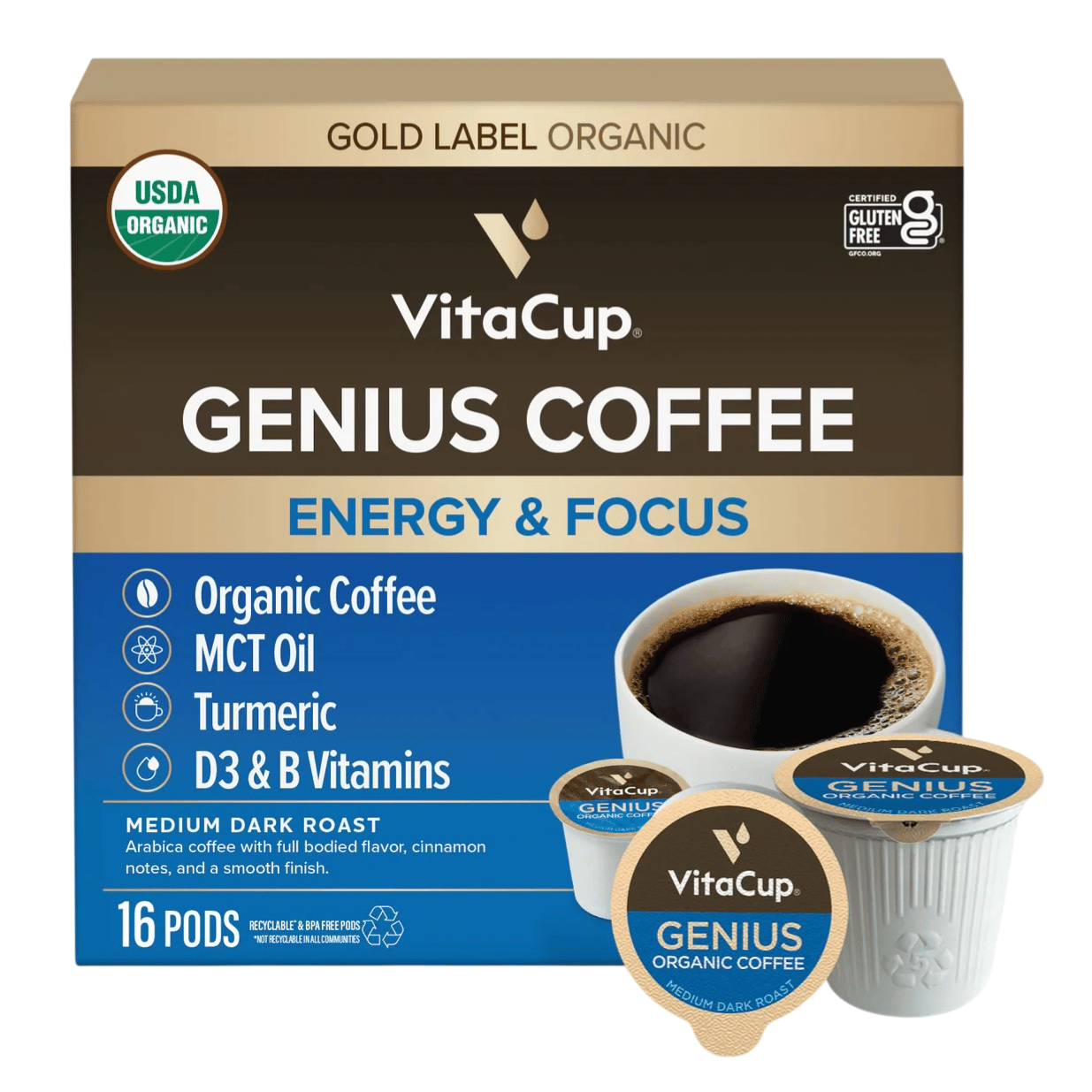 VitaCup Genius Coffee with 16 pods features organic coffee, MCT oil, turmeric, and D3 & B vitamins, promoting energy and focus. It is medium dark roast, USDA Organic, and certified gluten-free.