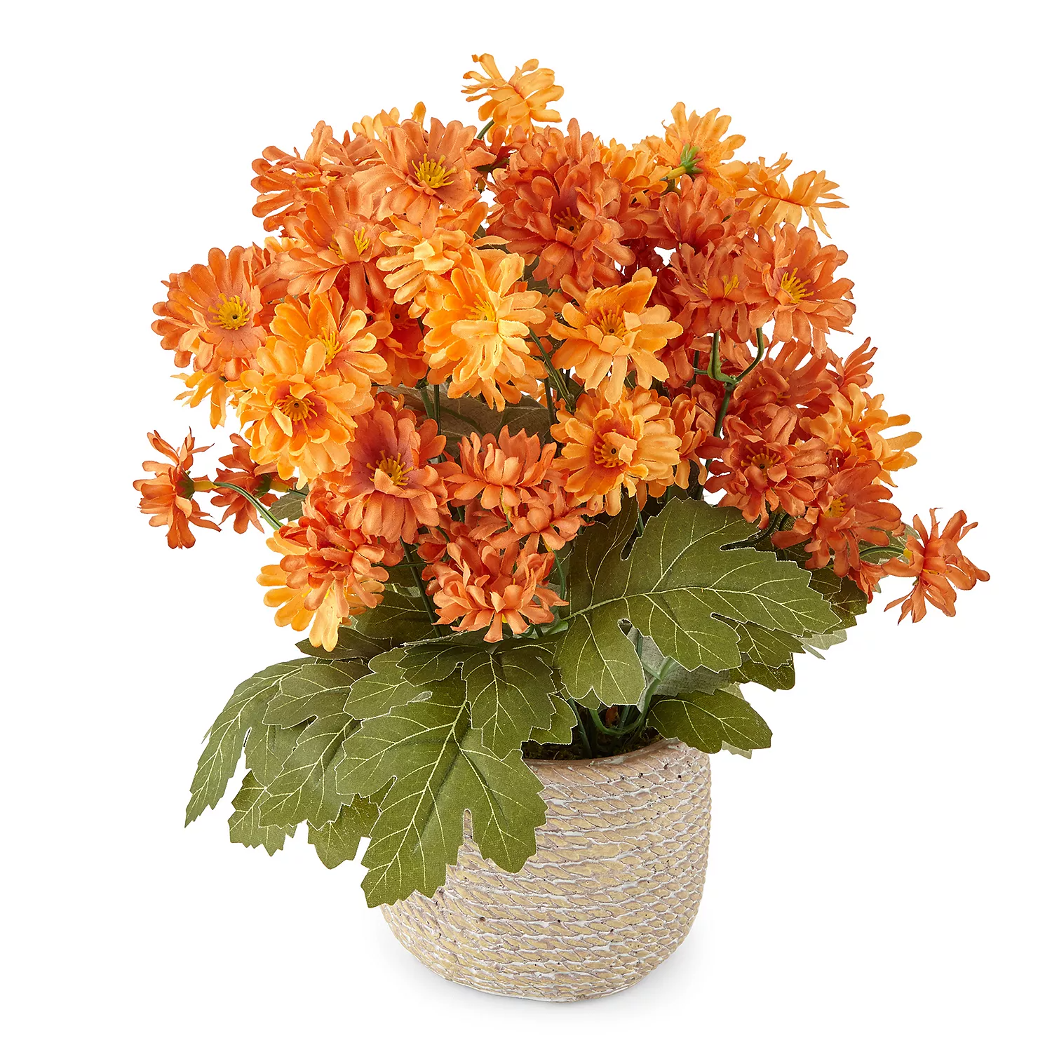 A bouquet of orange artificial flowers in a round woven-texture vase.