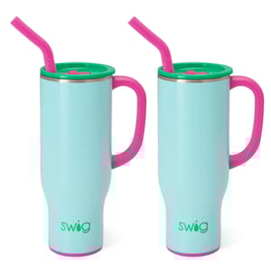 Two 30oz light blue thermal mugs with handles, featuring pink rims, handles, and straws, and green lids. Designed by Swig, they provide insulated beverage storage.