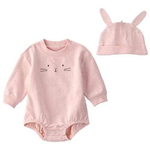 Pink baby romper with a bunny face design, accompanied by a matching hat featuring bunny ears.