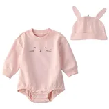 Pink baby romper with a bunny face design, accompanied by a matching hat featuring bunny ears.