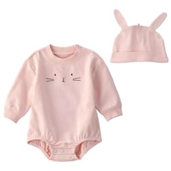Pink baby romper with a bunny face design, accompanied by a matching hat featuring bunny ears.