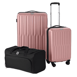 A luggage set featuring two pink hard-shell suitcases with spinner wheels and a black duffel bag.