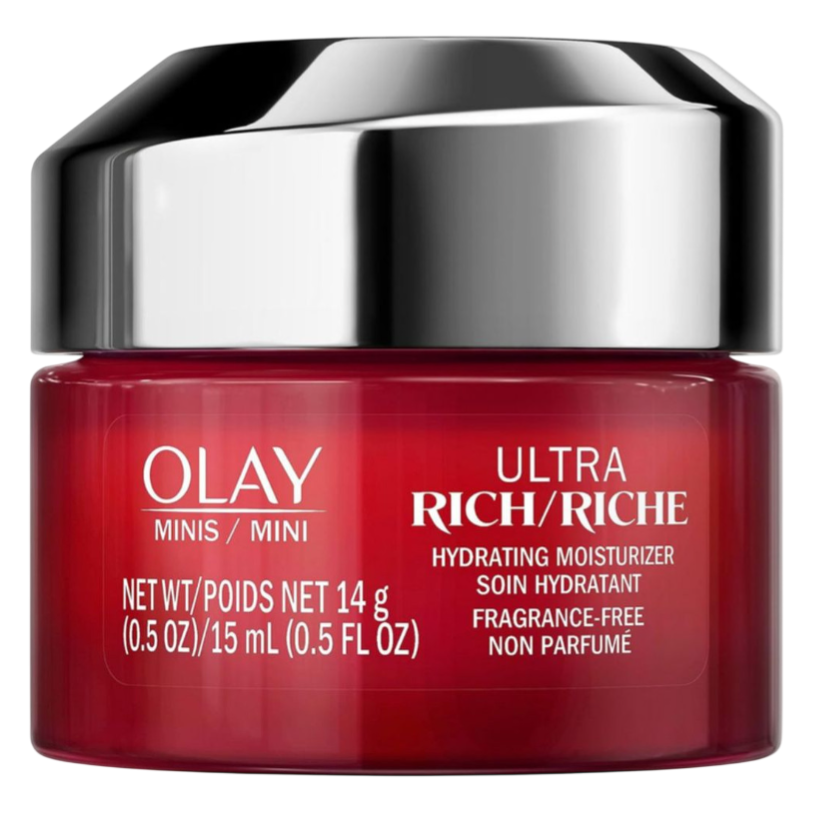 Olay Ultra Rich Mini Hydrating Moisturizer, fragrance-free, net weight 14g (0.5 oz), 15mL.