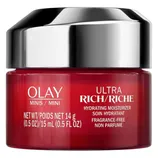 Olay Ultra Rich Mini Hydrating Moisturizer, fragrance-free, net weight 14g (0.5 oz), 15mL.