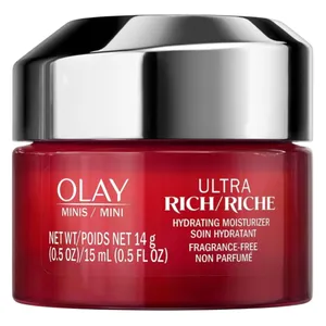 Olay Ultra Rich Mini Hydrating Moisturizer, fragrance-free, net weight 14g (0.5 oz), 15mL.