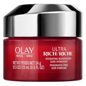 Olay Ultra Rich Mini Hydrating Moisturizer, fragrance-free, net weight 14g (0.5 oz), 15mL.