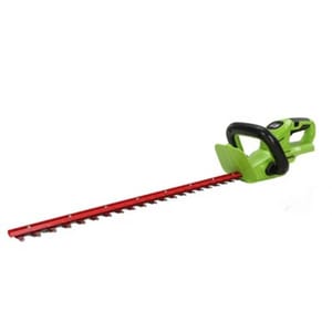 A cordless hedge trimmer with a green handle and a long red cutting blade.