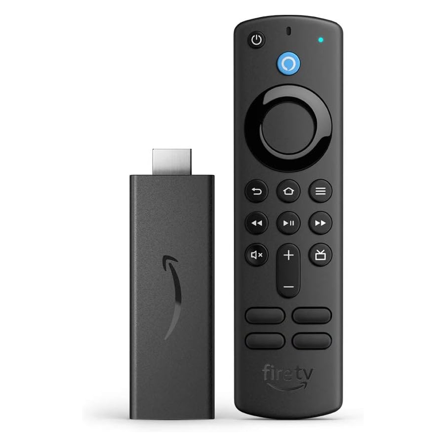 Amazon Fire TV Stick 4K Max with Alexa Voice Remote, featuring a compact HDMI dongle and a slim remote with directional, playback, volume, and power buttons.