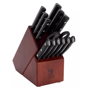 A knife block set featuring multiple knives with black handles, housed in a wooden block marked with the Henckels logo.