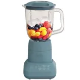 A blue Bella blender with fruits and ice inside, featuring buttons for various settings like pulse, milkshake, and ice crush.