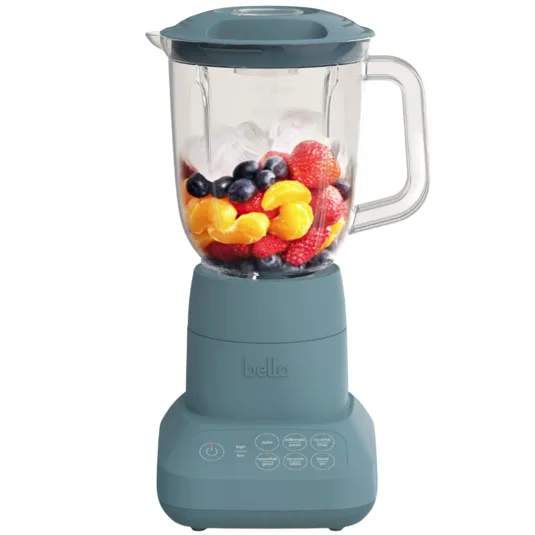 A blue Bella blender with fruits and ice inside, featuring buttons for various settings like pulse, milkshake, and ice crush.
